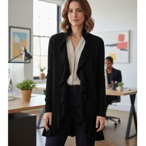 Saks Fifth Avenue Women's Black 100% Cashmere Ruffle Front Cardigan Quiet Luxury